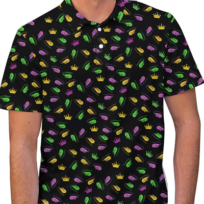 Lifestyle view of an adult wearing the mardi gras polo shirt