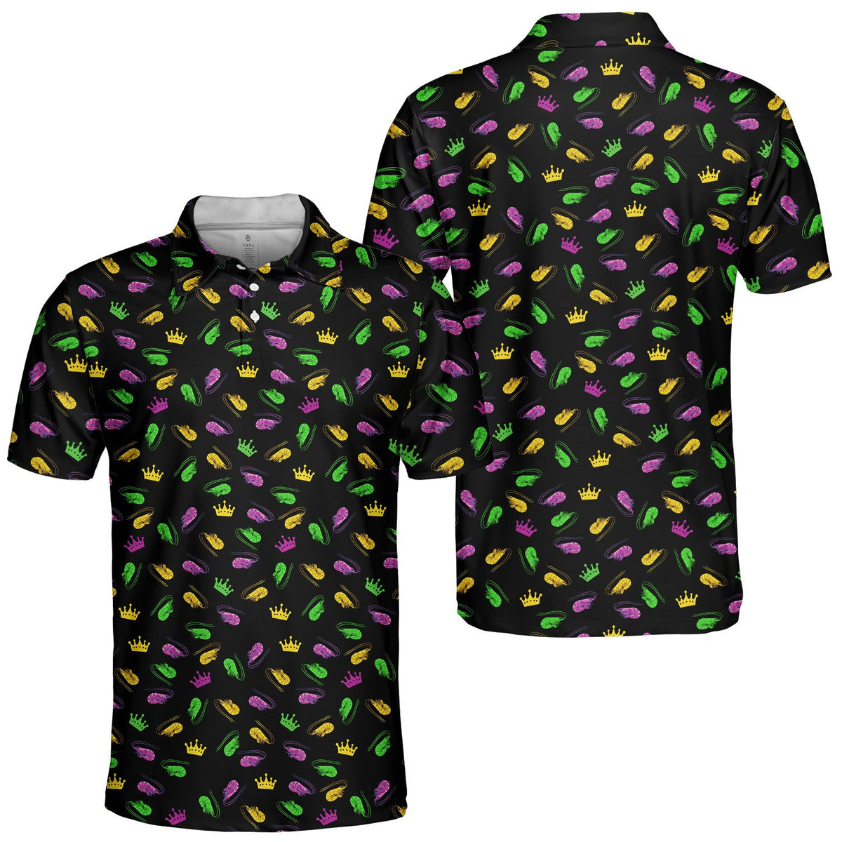 Detailed front view of the festive shrimp and crowns polo shirt