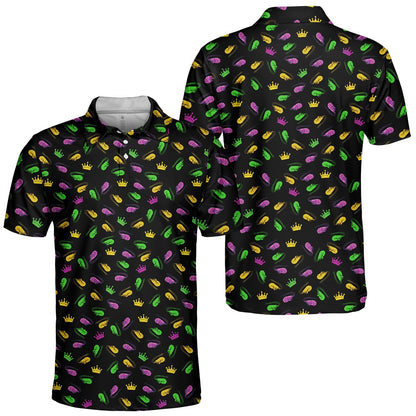 Detailed front view of the festive shrimp and crowns polo shirt