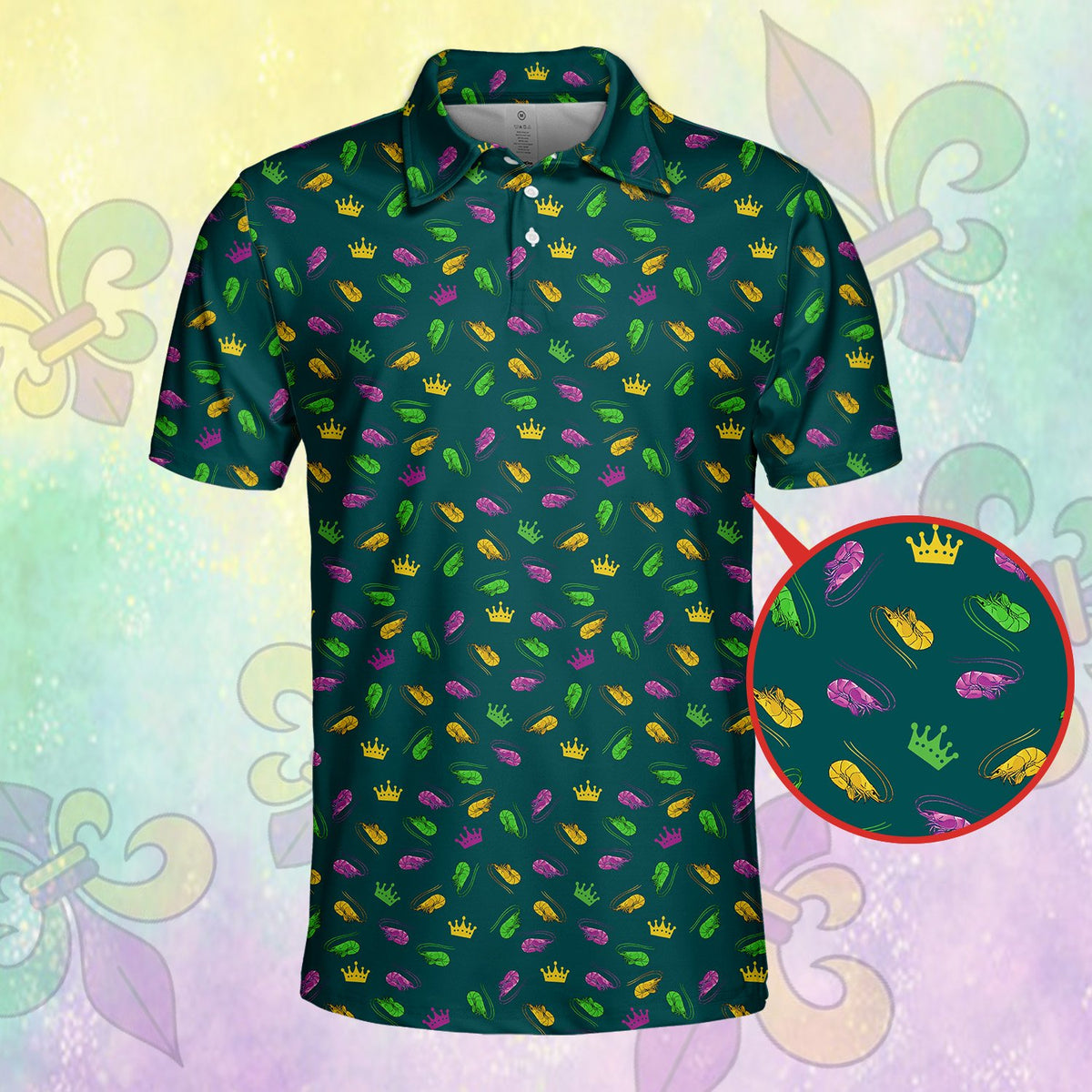 Another front view of the festive mardi gras shrimp and crown polo shirt