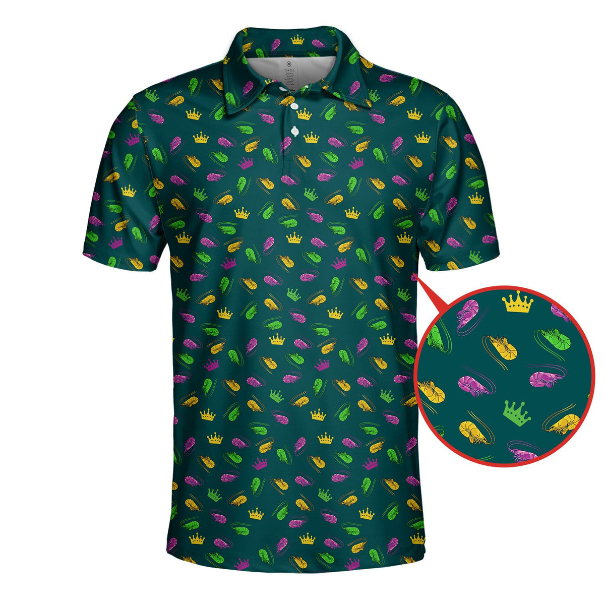 Front view of the festive mardi gras polo shirt with shrimp and crown pattern