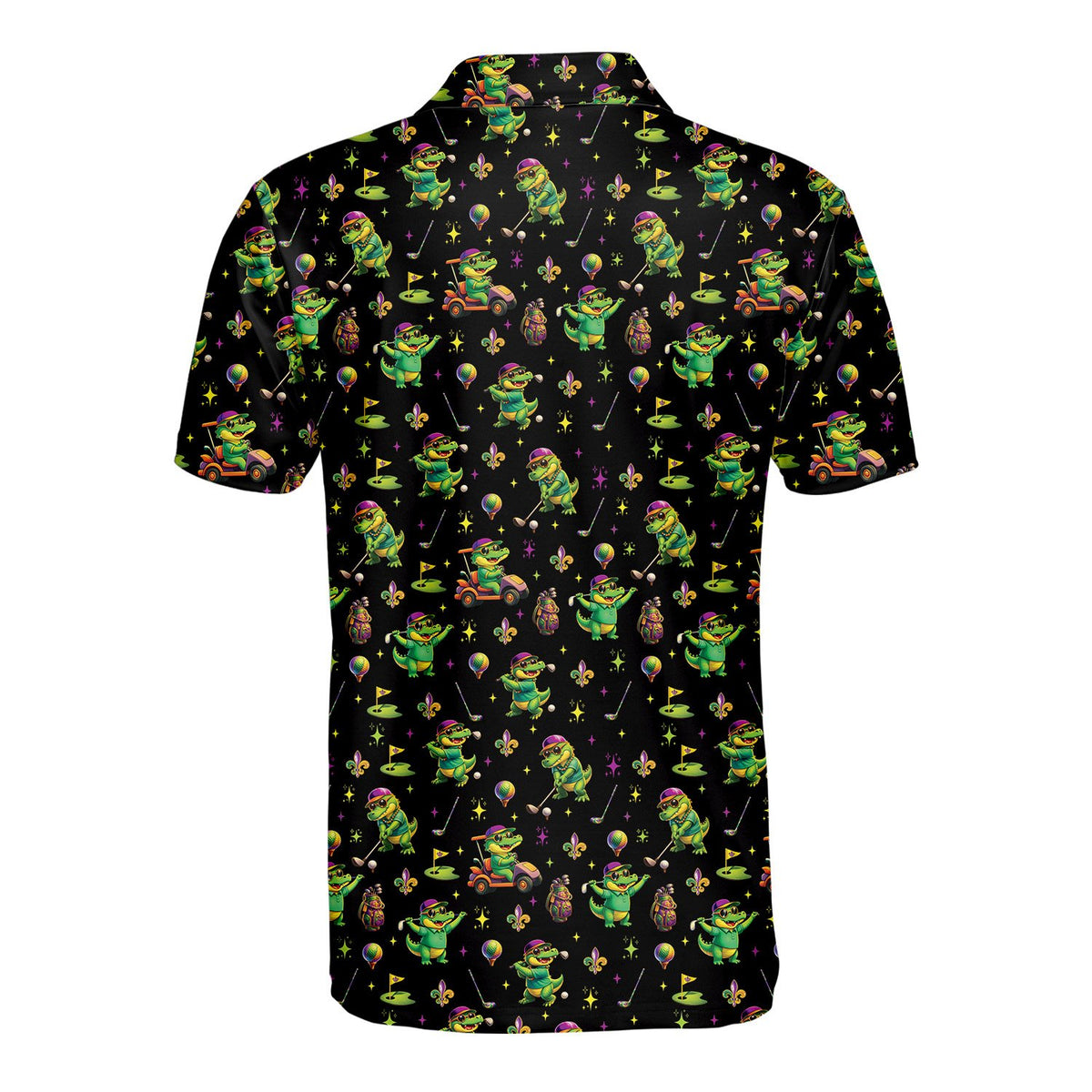 Detailed front view of the all-over alligator golf print polo shirt