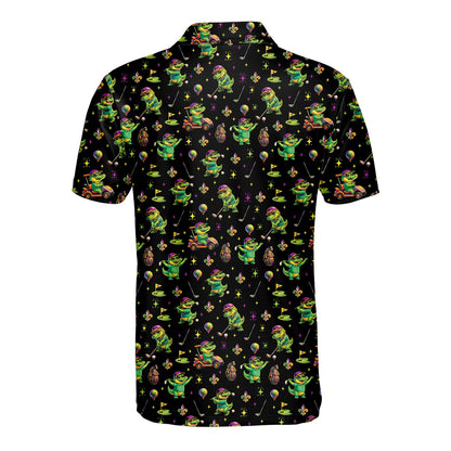 Detailed front view of the all-over alligator golf print polo shirt