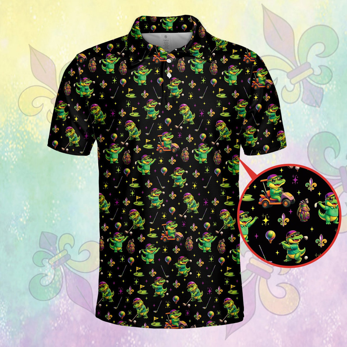 Front view of the black mardi polo shirt with purple, green, and gold accents
