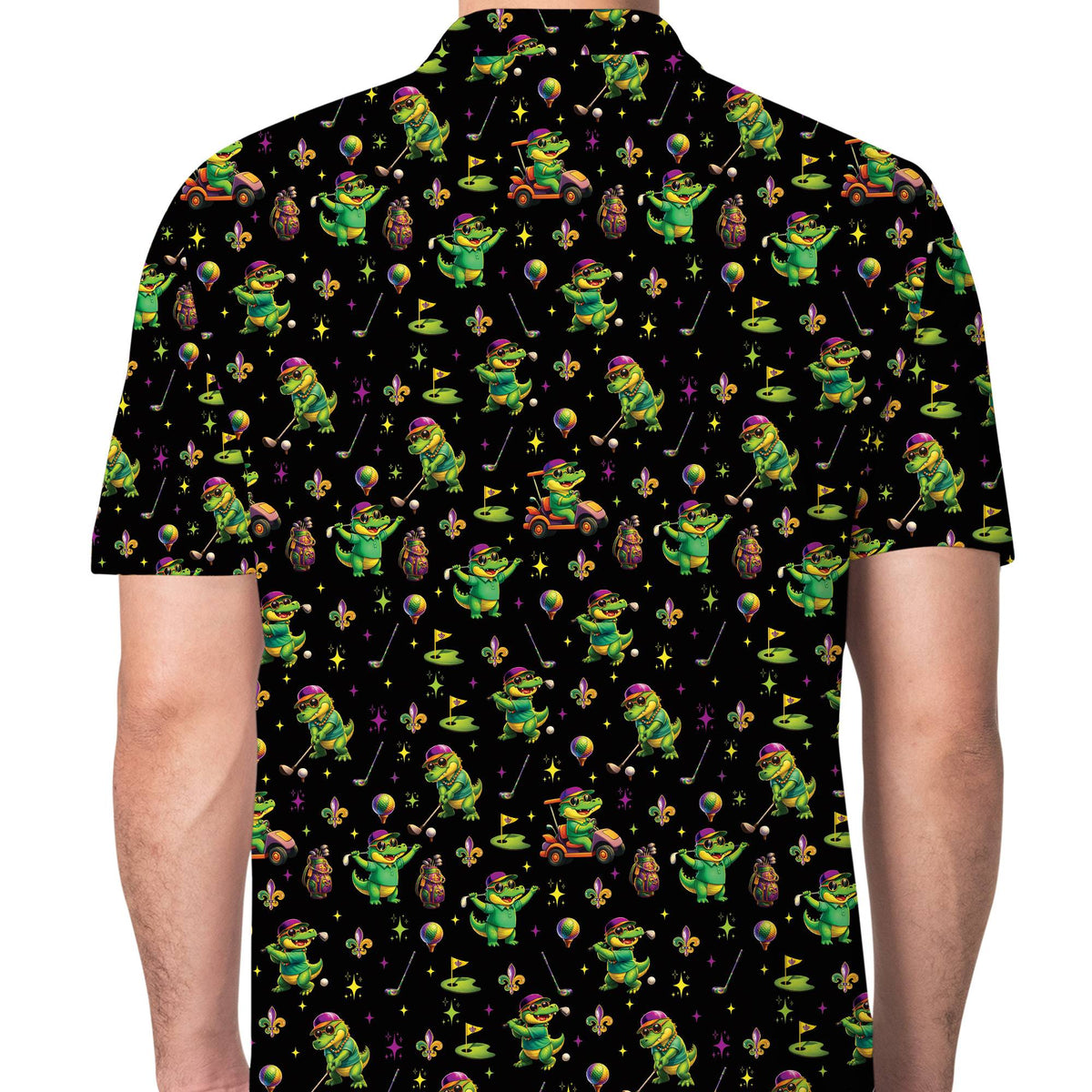 Lifestyle image of a person wearing the mardi gras alligator golf polo