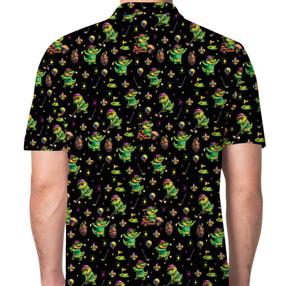 Lifestyle image of a person wearing the mardi gras alligator golf polo