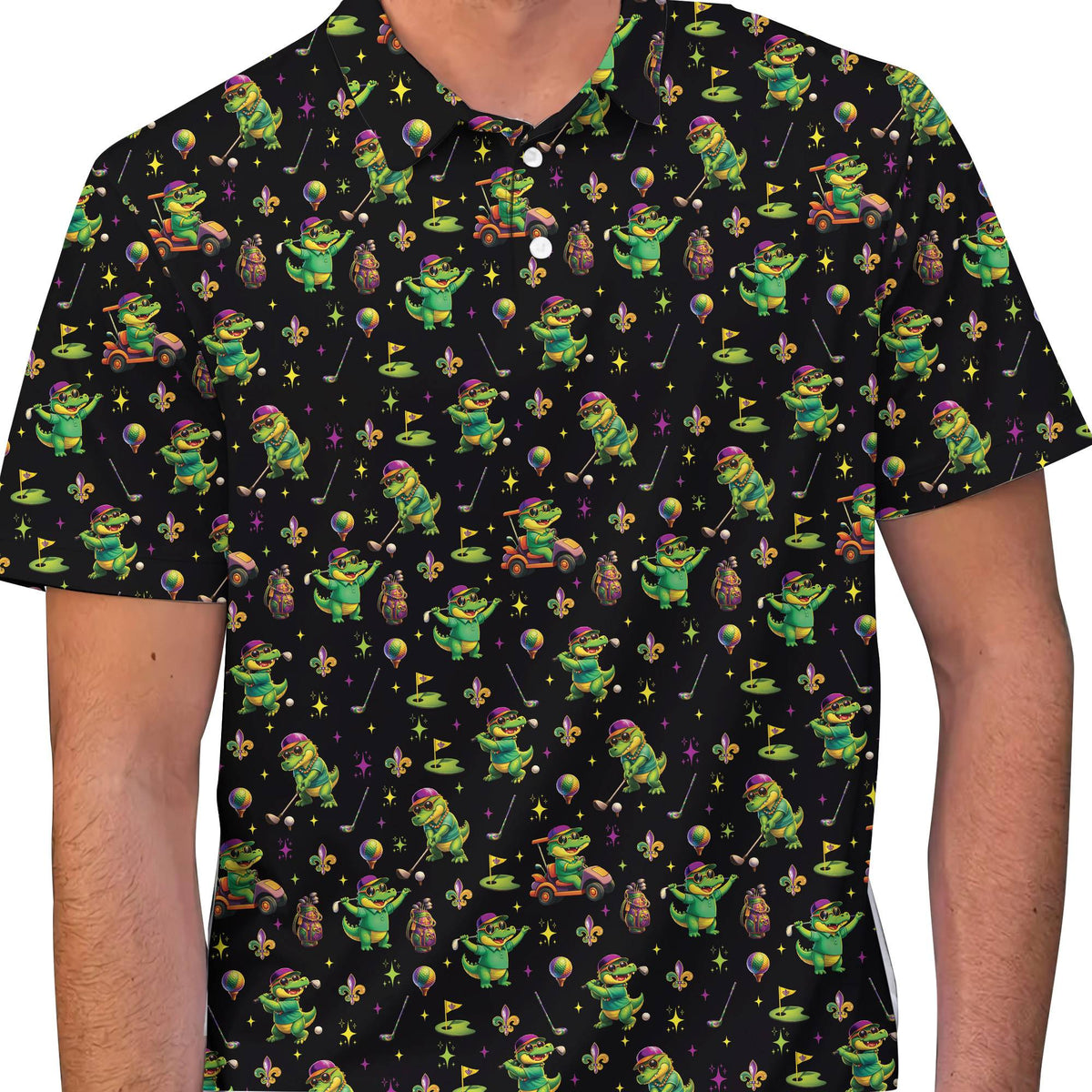 Additional view of the polo shirt displaying the fleur-de-lis and bead details