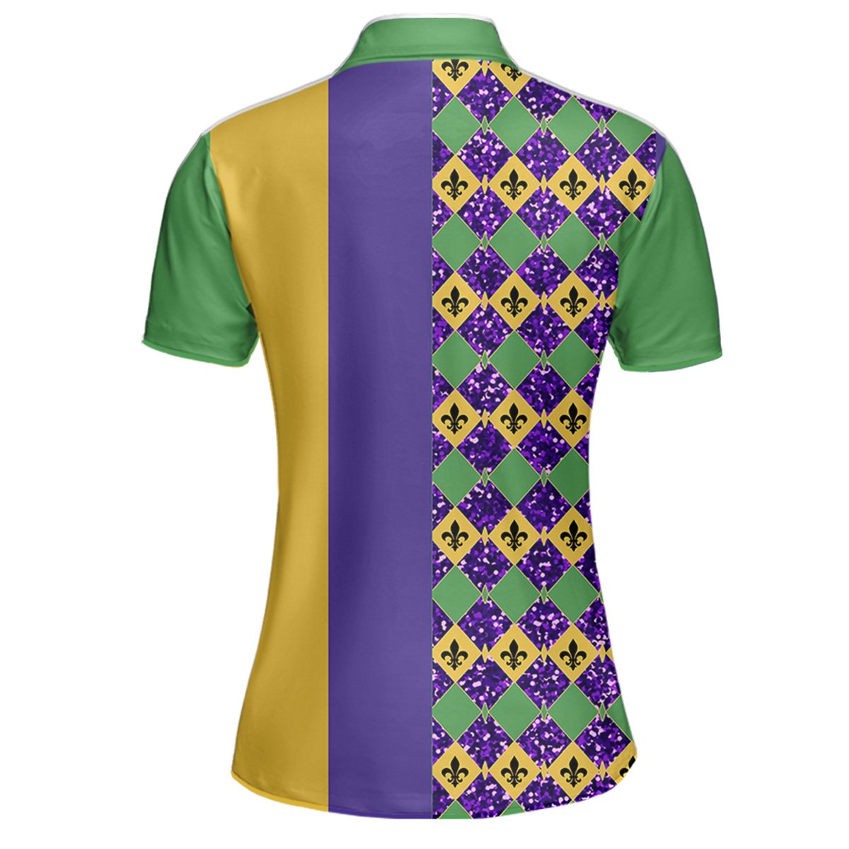 Detailed back view of the custom polo shirt showing the vibrant split design