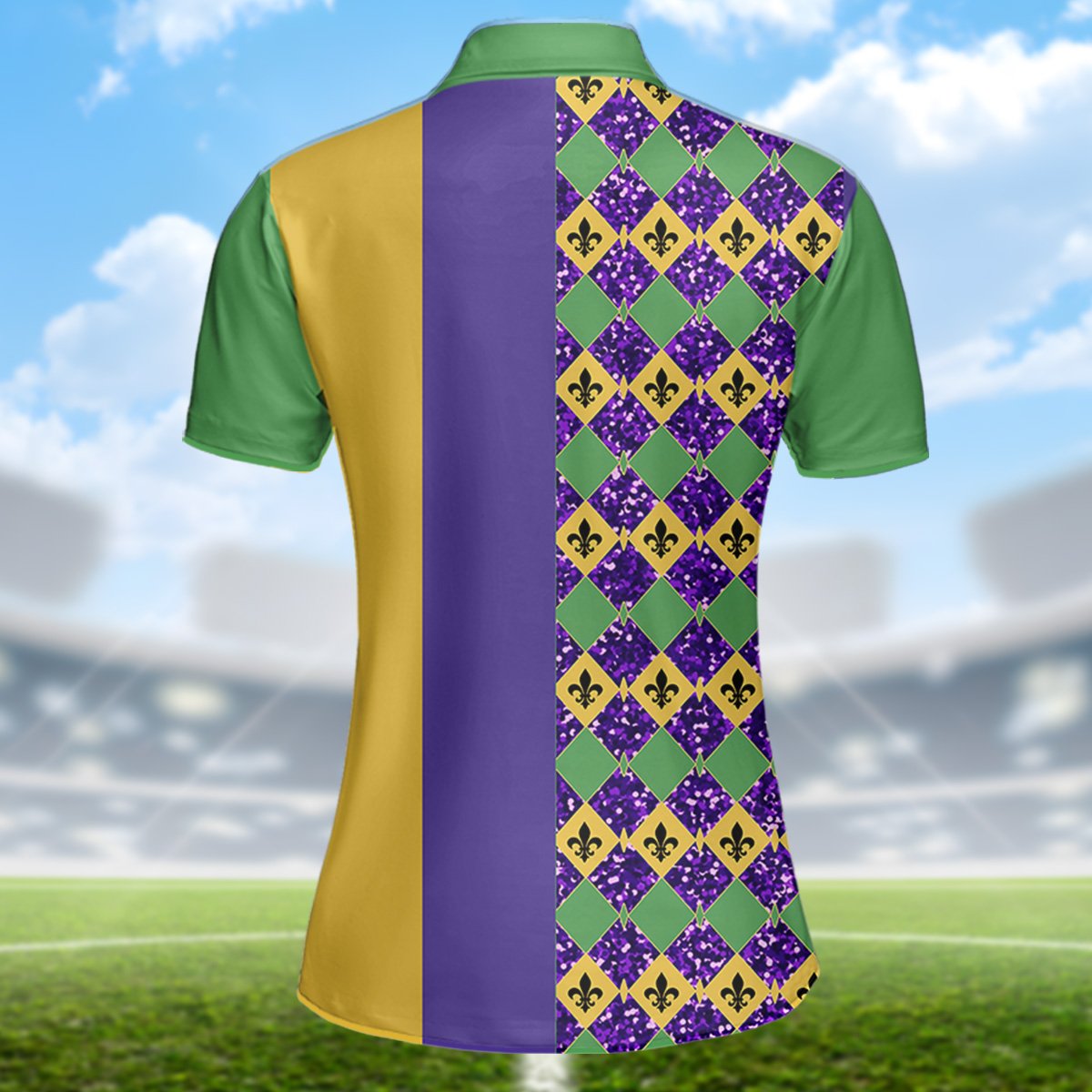 Close-up back view of the Mardi Gras fleur-de-lis and stripe polo shirt