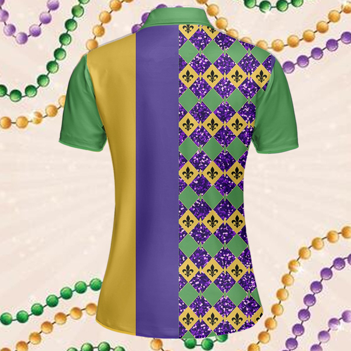 Back view of the personalized Mardi Gras polo shirt with custom name placement