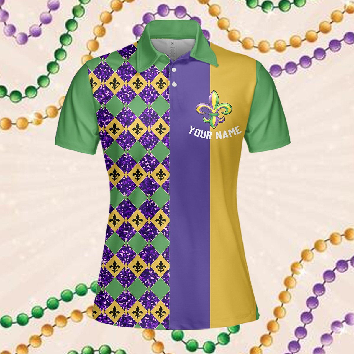 Detailed front view of the purple, gold, and green geometric polo shirt