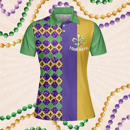 Detailed front view of the purple, gold, and green geometric polo shirt