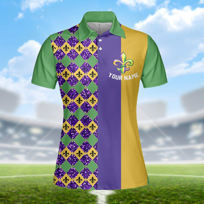 Personalized purple mardi polo shirt featuring a custom name and split geometric design, main view