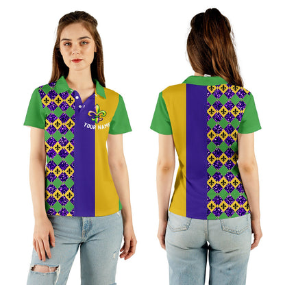 Lifestyle view of an adult wearing the personalized purple mardi polo shirt