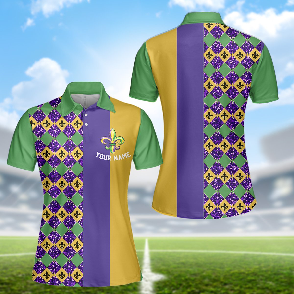 Alternate angle view of the Mardi Gras split design polo shirt