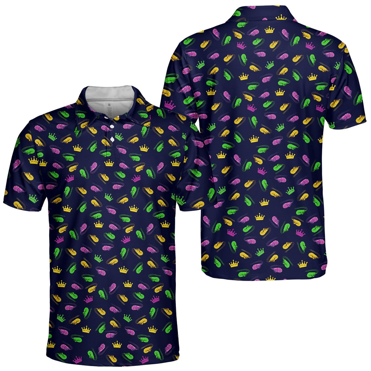 Close-up front view of the navy mardi polo shirt