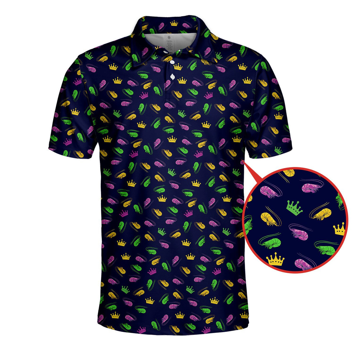 Additional front angle of the navy mardi polo shirt with shrimp pattern