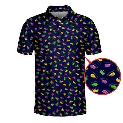 Additional front angle of the navy mardi polo shirt with shrimp pattern