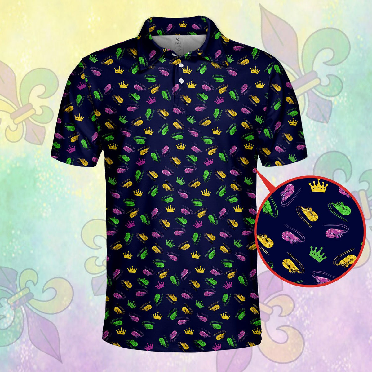 Navy mardi polo shirt featuring a repeating pattern of small shrimp and crowns, front view