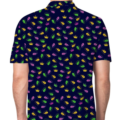 Lifestyle image of the navy mardi polo shirt in a casual setting