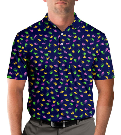 Another lifestyle image featuring the navy mardi polo shirt