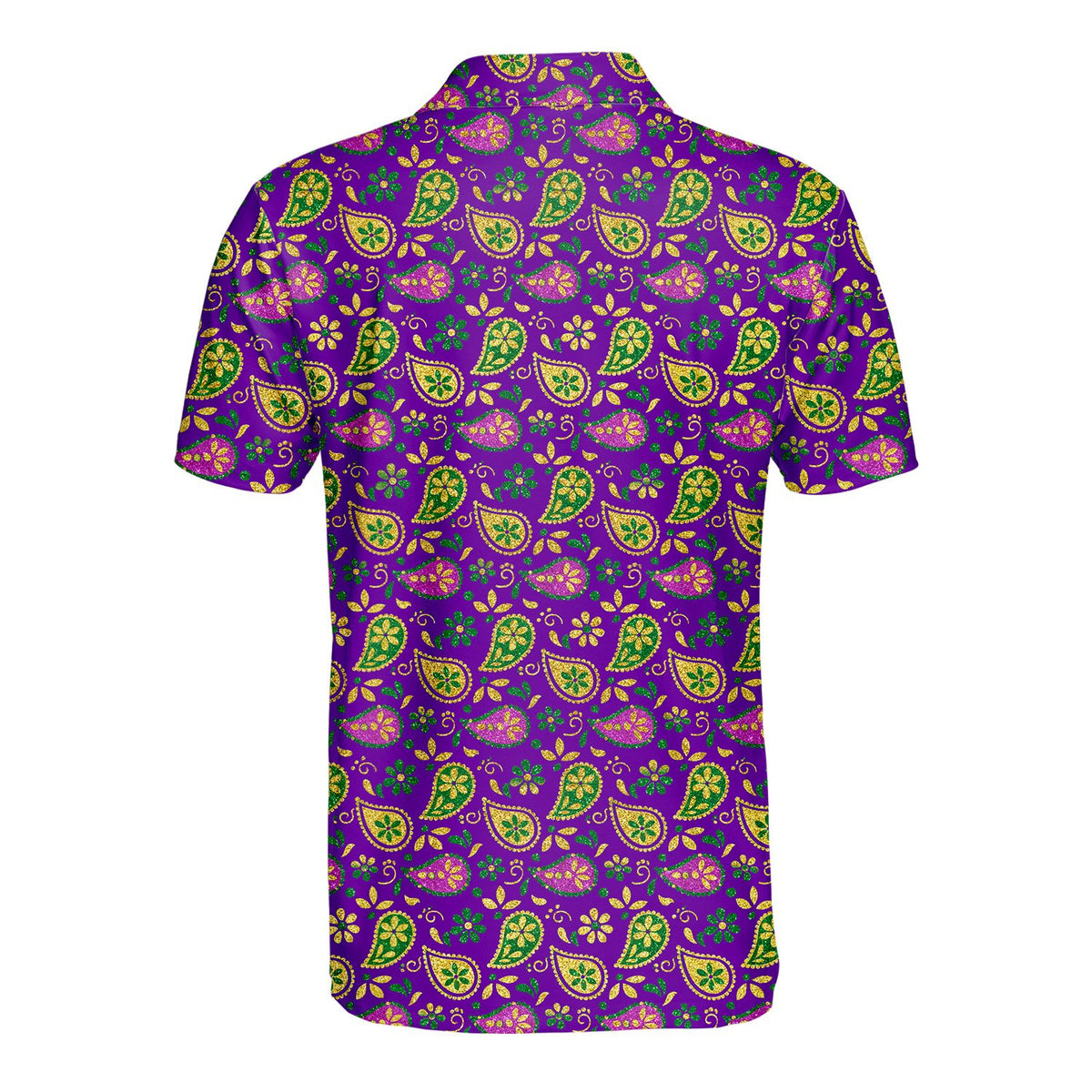 Back view of the Mardi Gras polo shirt with repeating pattern