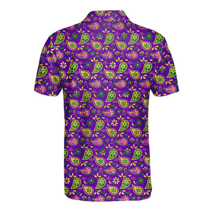 Back view of the Mardi Gras polo shirt with repeating pattern