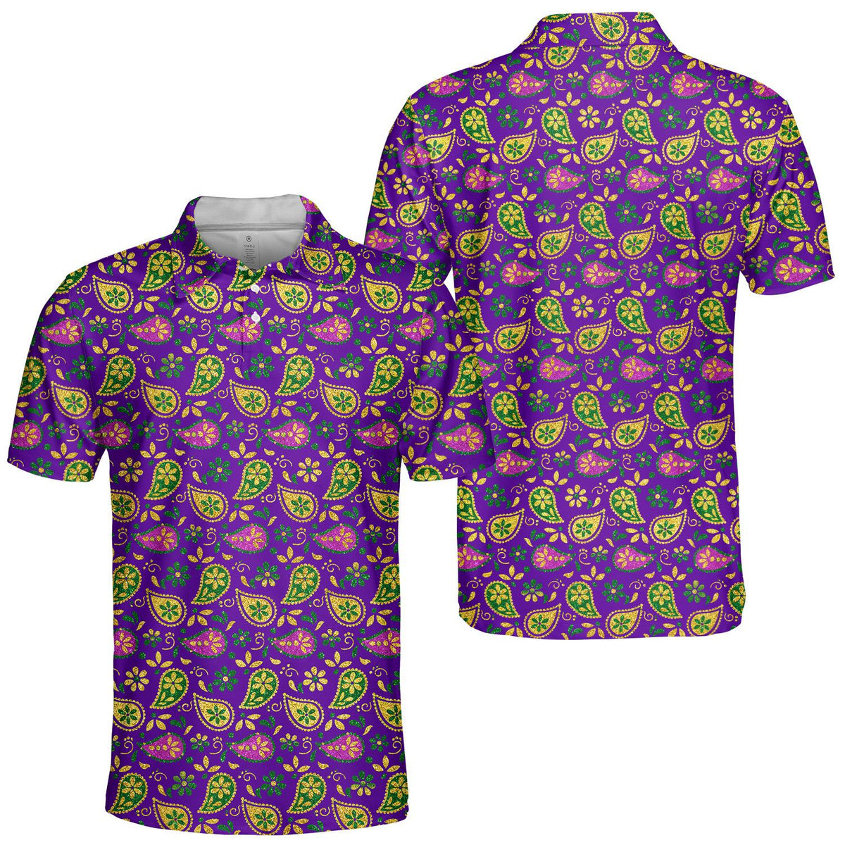 Close-up front view showcasing the green and gold paisley on purple