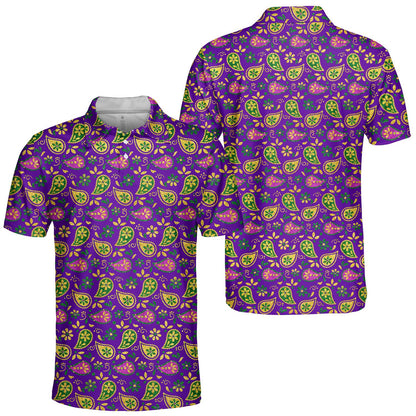 Close-up front view showcasing the green and gold paisley on purple