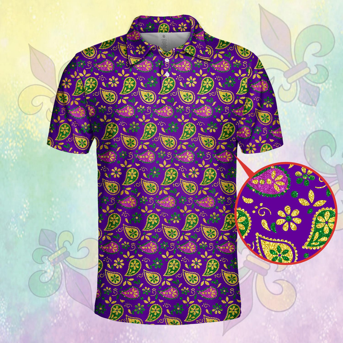 Front view of the Mardi Gras polo shirt featuring abstract paisley design