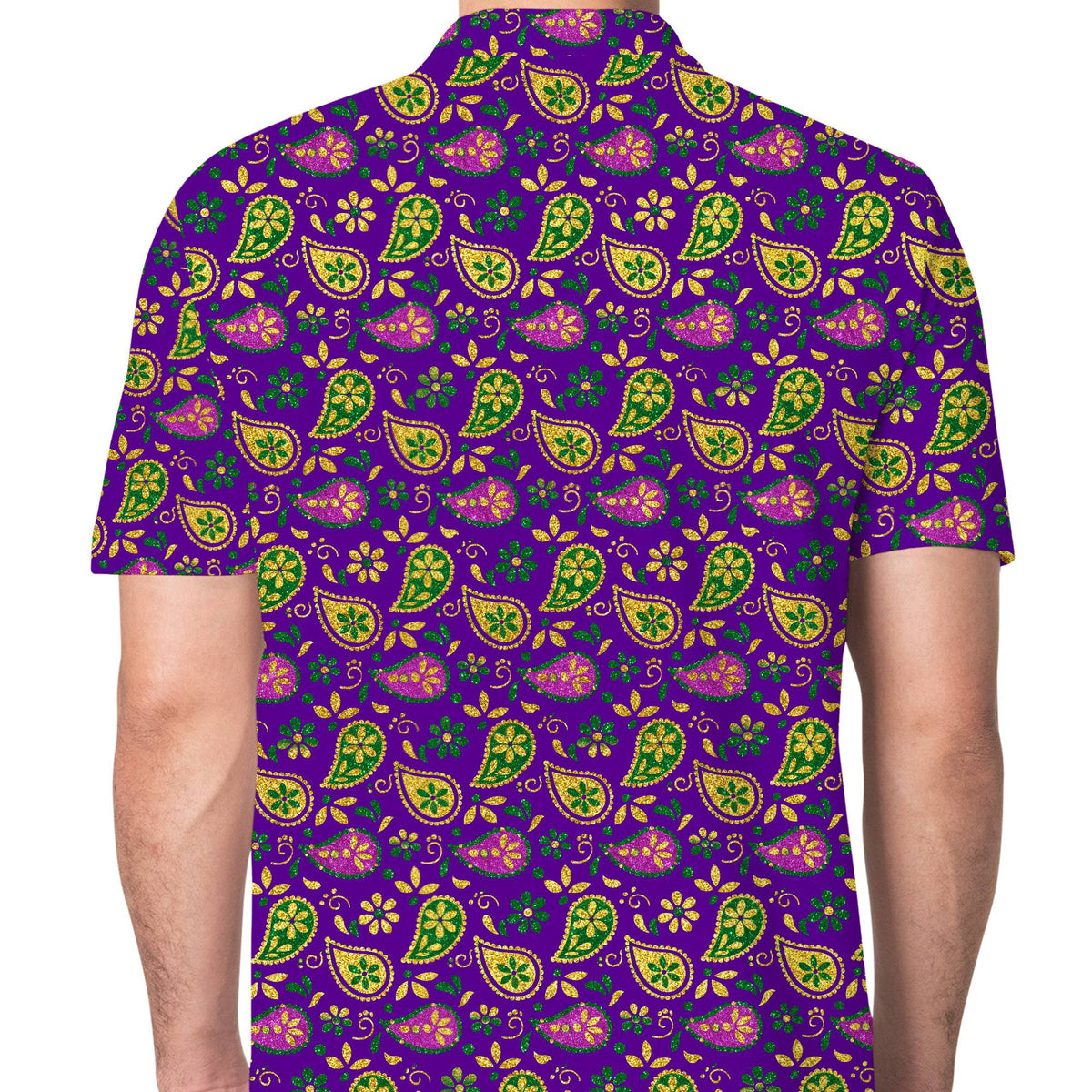 Second lifestyle view of the purple paisley polo shirt in a casual setting