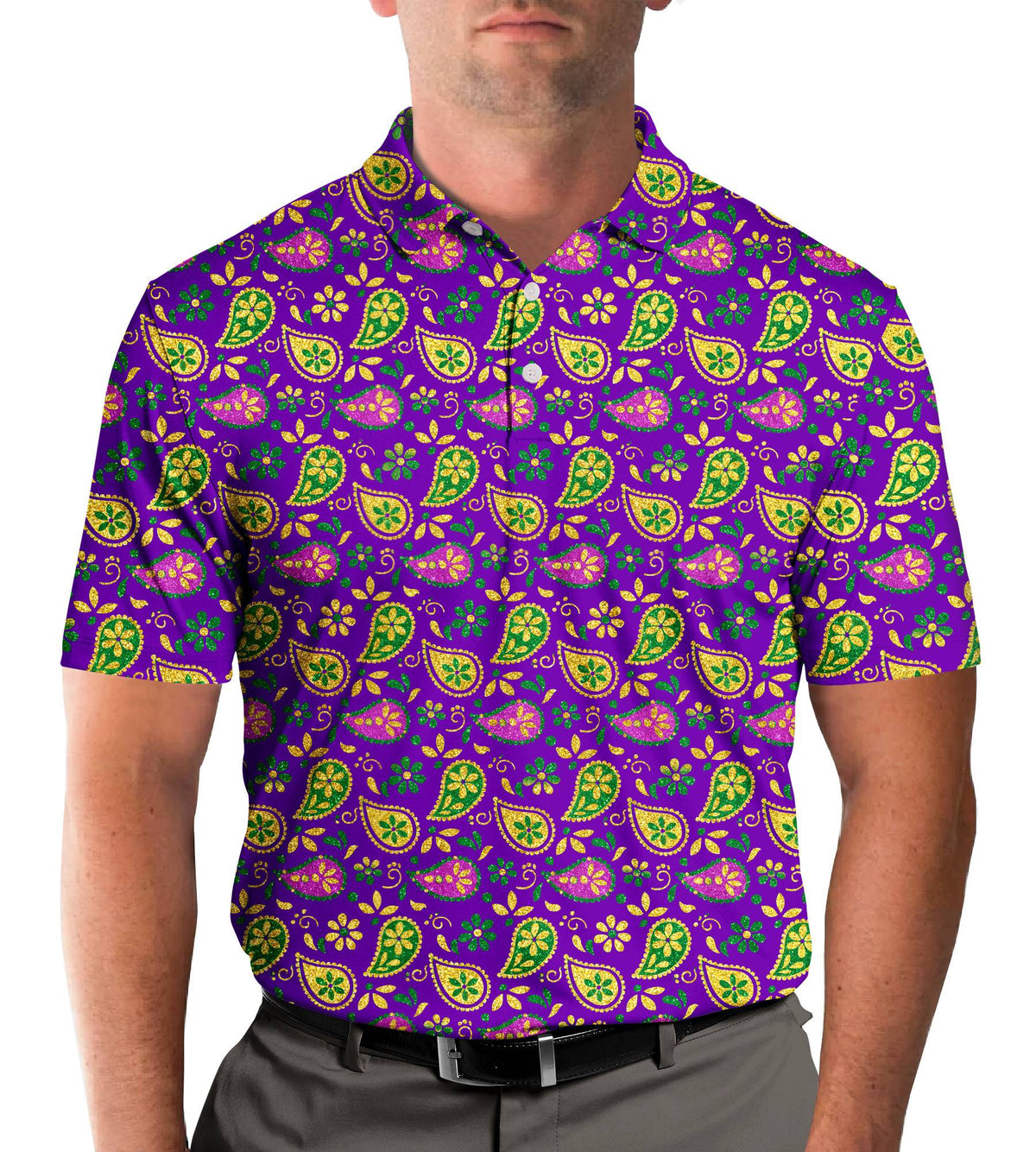 Third lifestyle view showing the fit and vibrant colors of the polo shirt