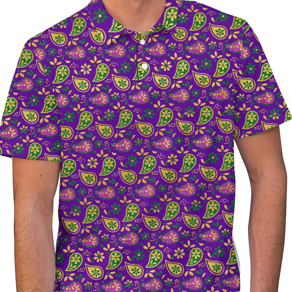 Lifestyle image of someone wearing the vibrant Mardi Gras polo shirt outdoors