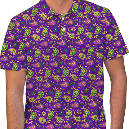Lifestyle image of someone wearing the vibrant Mardi Gras polo shirt outdoors