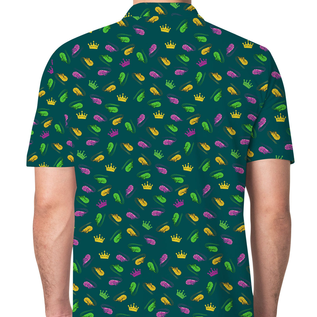 Detailed back view of the festive mardi gras patterned polo shirt