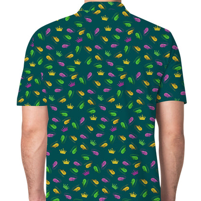 Detailed back view of the festive mardi gras patterned polo shirt