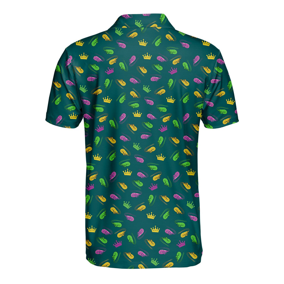 Back view of the teal mardi polo shirt with repeating shrimp and crowns
