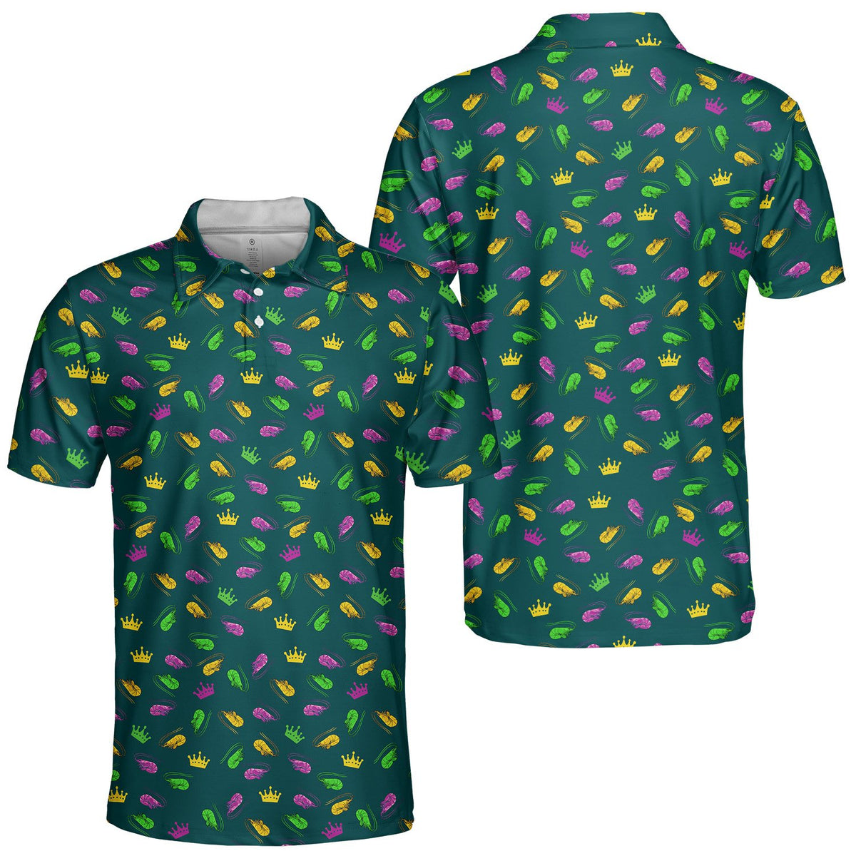 Detailed front view of the teal mardi polo shirt showing the abstract design