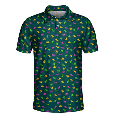 Teal mardi polo shirt featuring purple, green, and gold shrimp and crowns, main front view