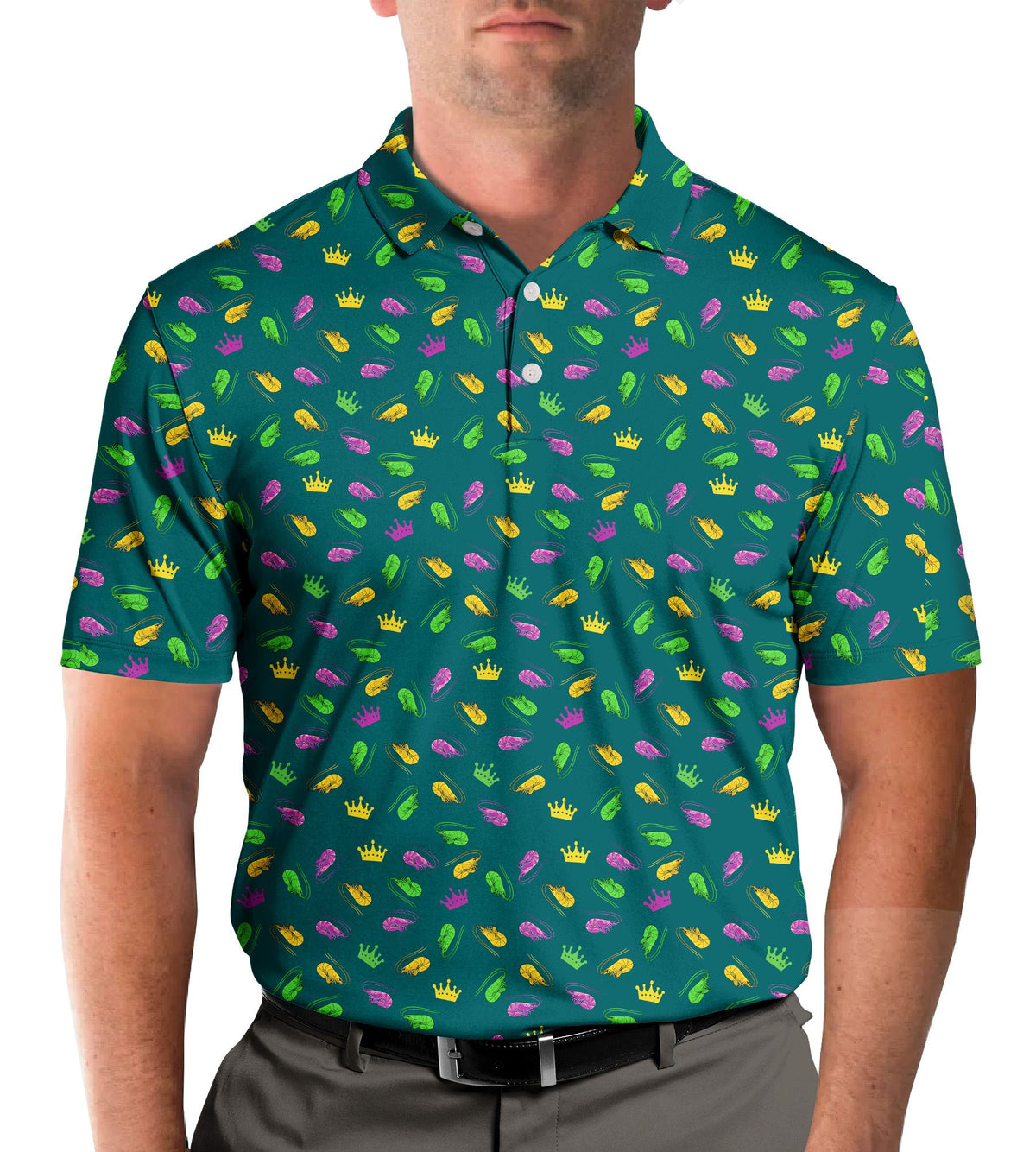 Lifestyle image of an adult wearing the teal mardi polo shirt in a casual setting