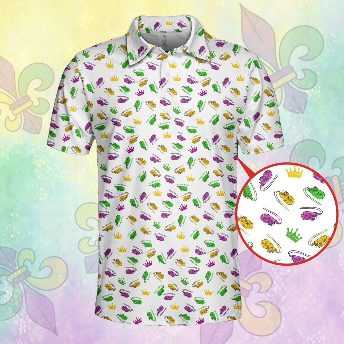 Alternate front view of the festive holiday polo shirt