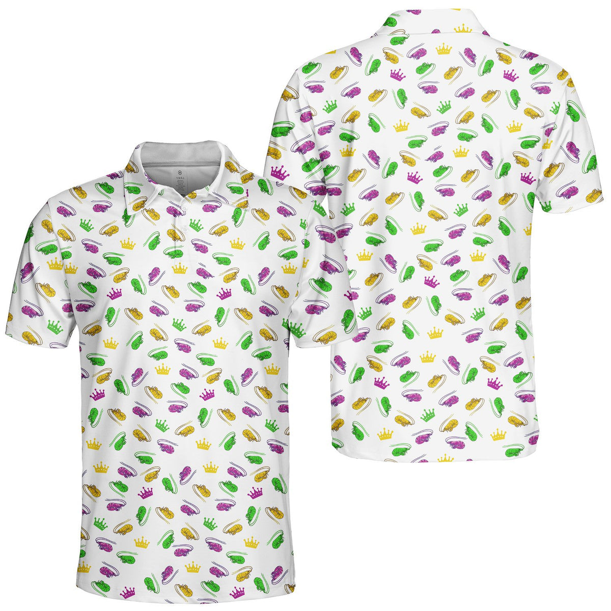 White mardi polo shirt featuring a purple, green, and gold crawfish and crown pattern, main view