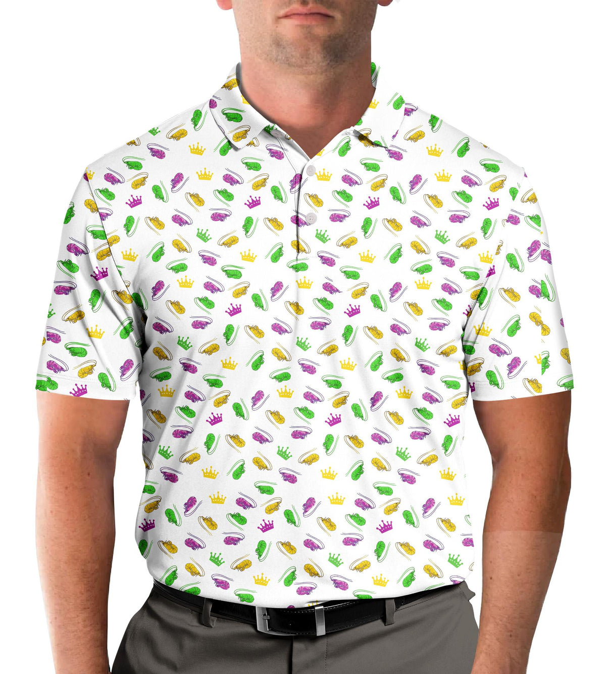 Third lifestyle view showing the fit of the mardi gras polo shirt