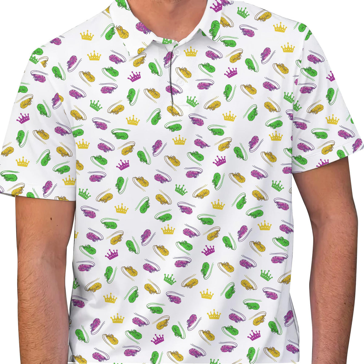 Lifestyle image of a person wearing the white mardi polo shirt outdoors