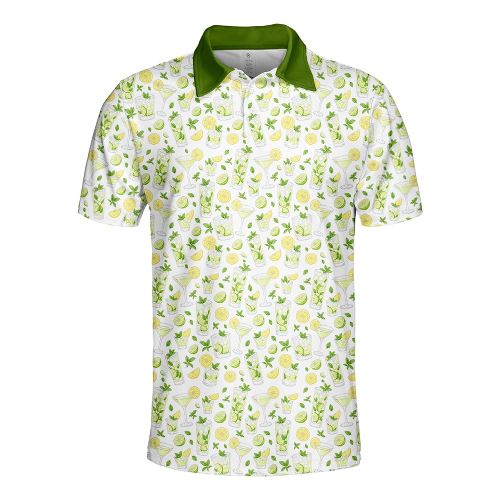 Another front view showcasing the vibrant lime and mint pattern on the white polo shirt