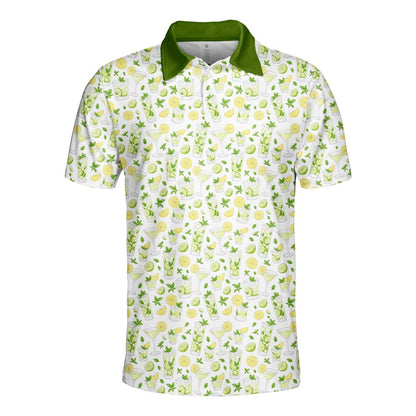 Another front view showcasing the vibrant lime and mint pattern on the white polo shirt