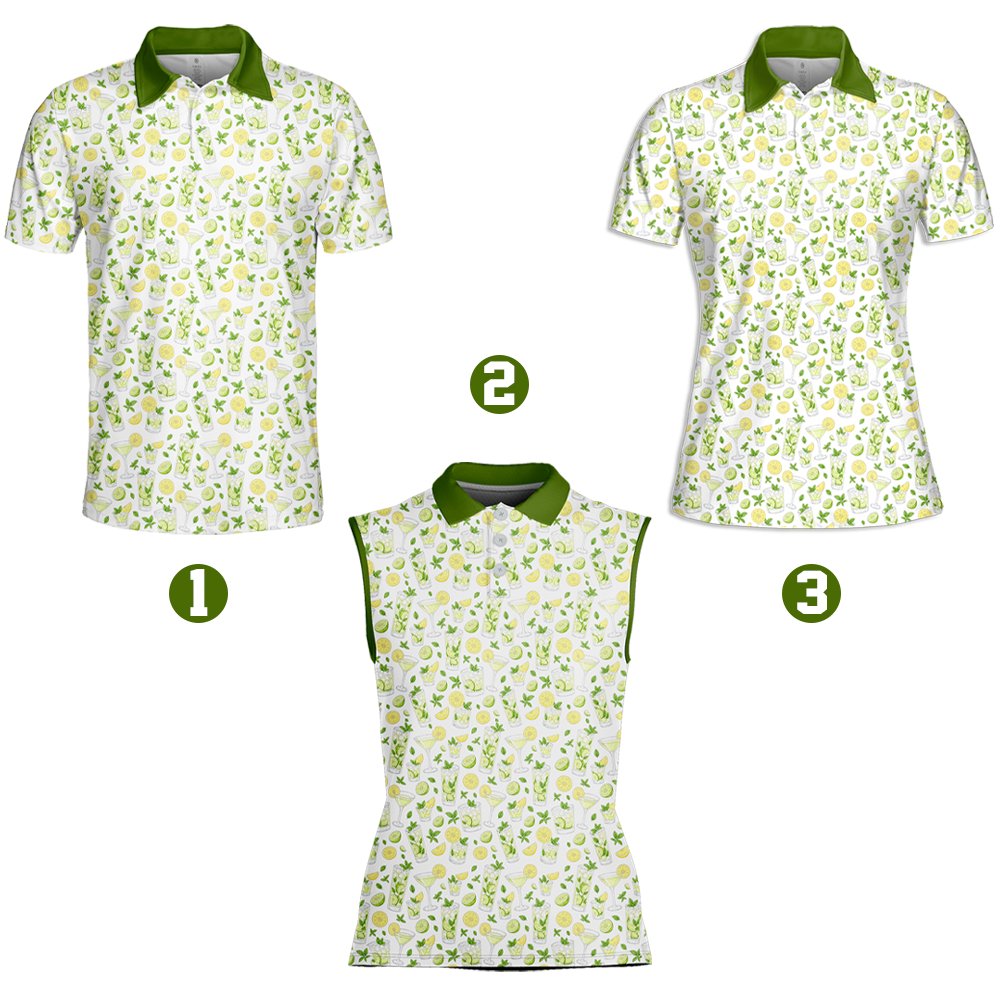 Close-up front angle of the white polo shirt with green collar and summer mojito print