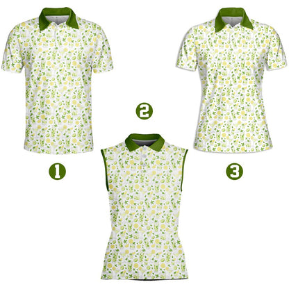 Close-up front angle of the white polo shirt with green collar and summer mojito print