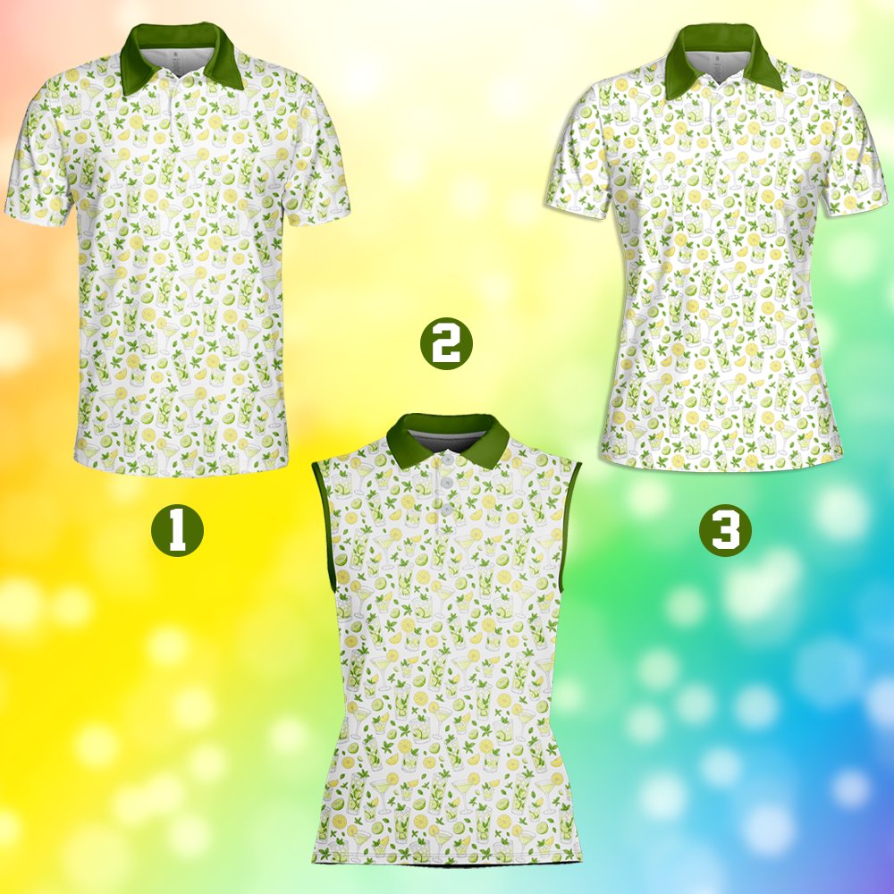 Detailed front view of the polyester polo shirt displaying the refreshing cocktail design