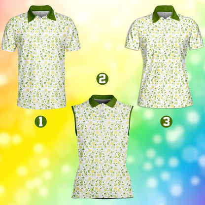 Detailed front view of the polyester polo shirt displaying the refreshing cocktail design